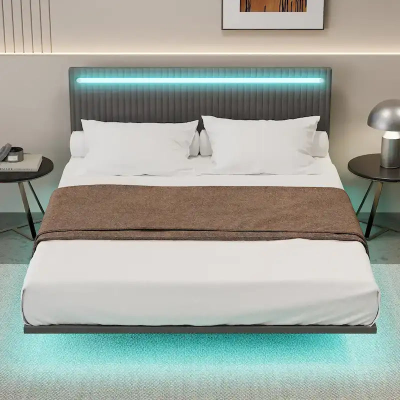 Upholstered Floating Platform Bed Frame with LED Headboard Lights Beige Gray Velvet