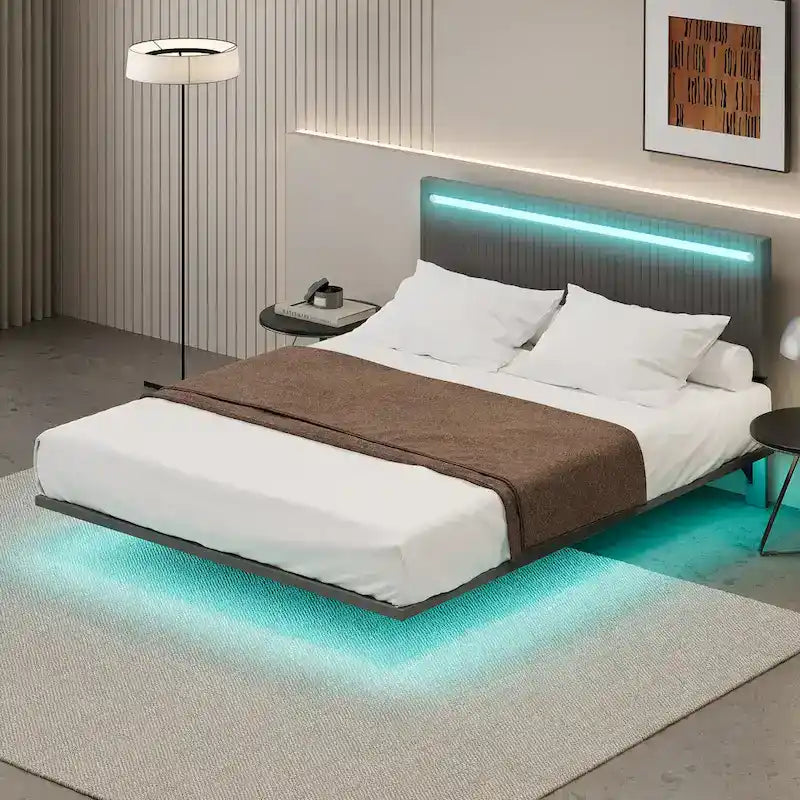 Upholstered Floating Platform Bed Frame with LED Headboard Lights Beige Gray Velvet
