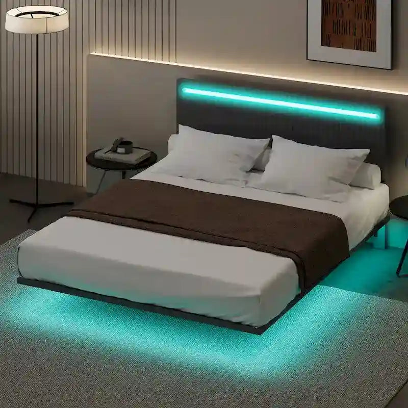Upholstered Floating Platform Bed Frame with LED Headboard Lights Beige Gray Velvet