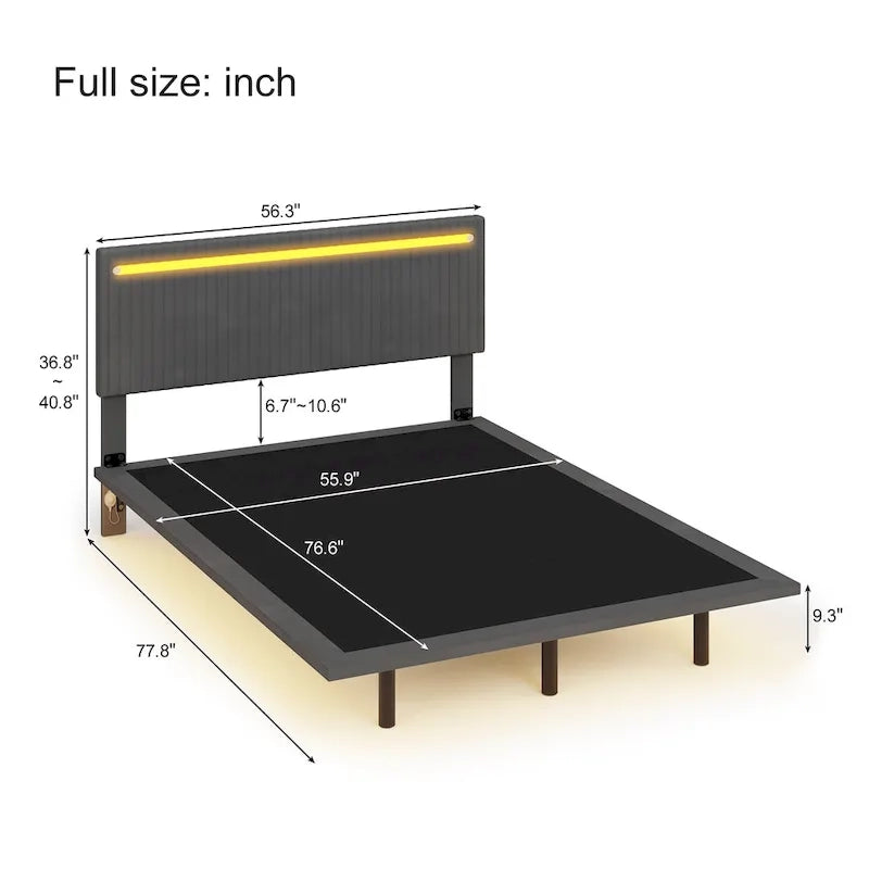 Upholstered Floating Platform Bed Frame with LED Headboard Lights Beige Gray Velvet