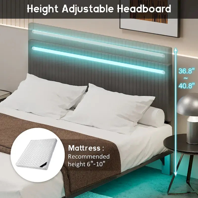 Upholstered Floating Platform Bed Frame with LED Headboard Lights Beige Gray Velvet