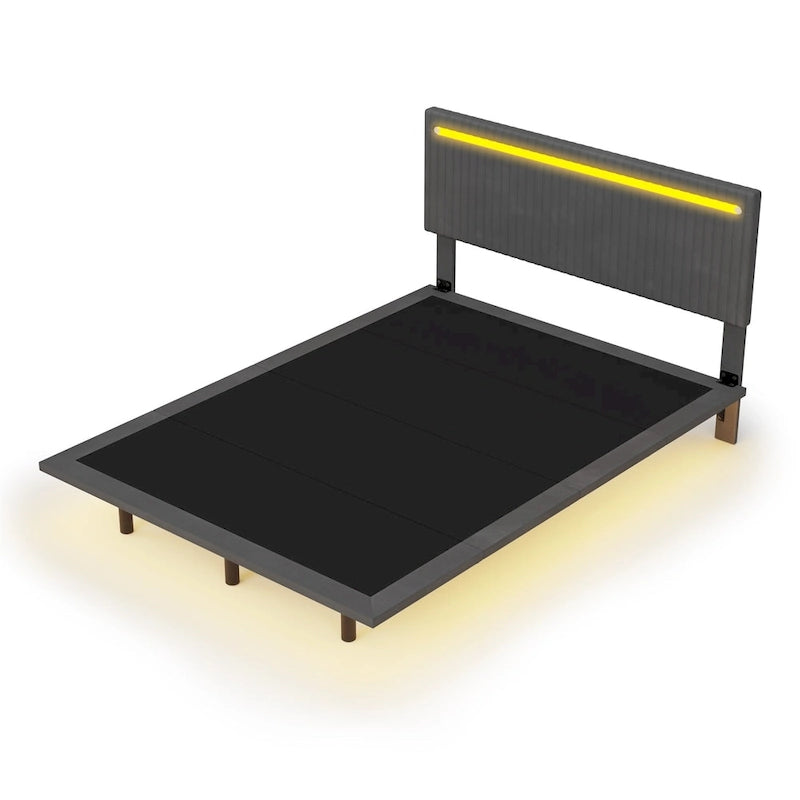 Upholstered Floating Platform Bed Frame with LED Headboard Lights Beige Gray Velvet