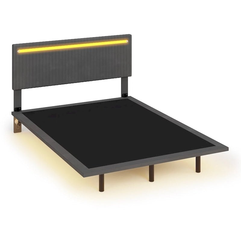 Upholstered Floating Platform Bed Frame with LED Headboard Lights Beige Gray Velvet