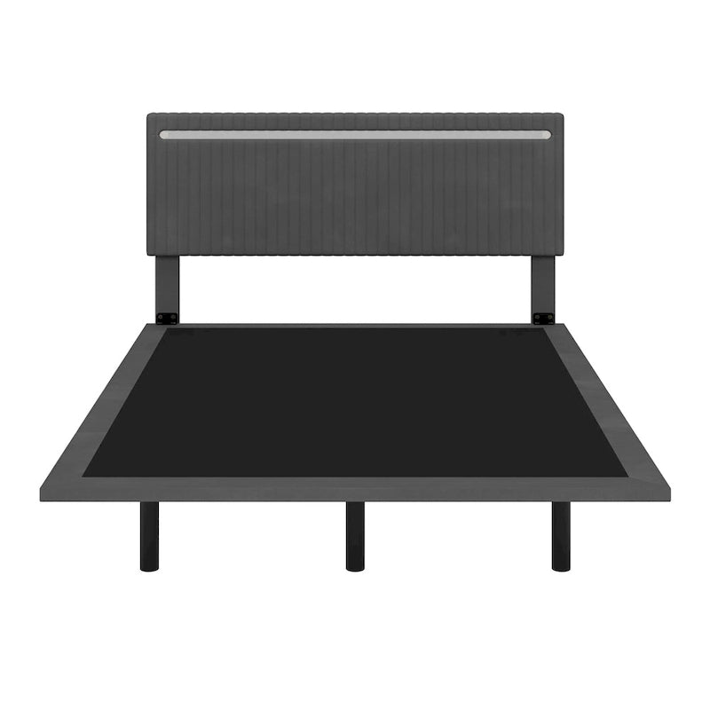 Upholstered Floating Platform Bed Frame with LED Headboard Lights Beige Gray Velvet