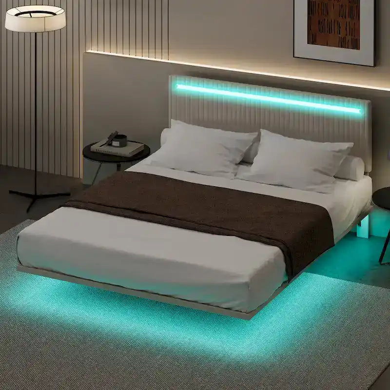 Upholstered Floating Platform Bed Frame with LED Headboard Lights Beige Gray Velvet