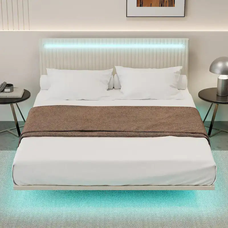 Upholstered Floating Platform Bed Frame with LED Headboard Lights Beige Gray Velvet