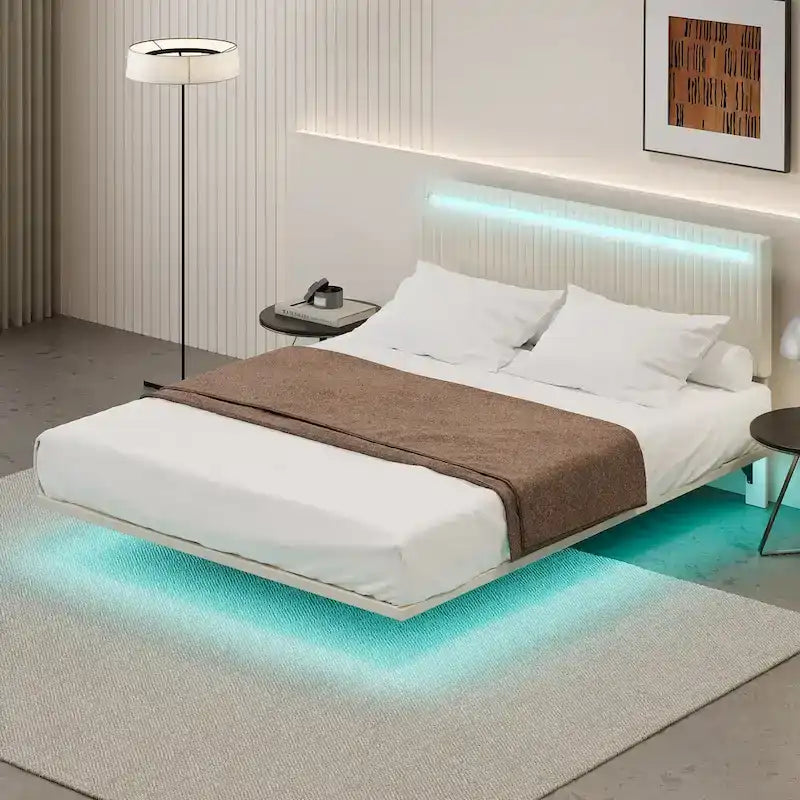 Upholstered Floating Platform Bed Frame with LED Headboard Lights Beige Gray Velvet