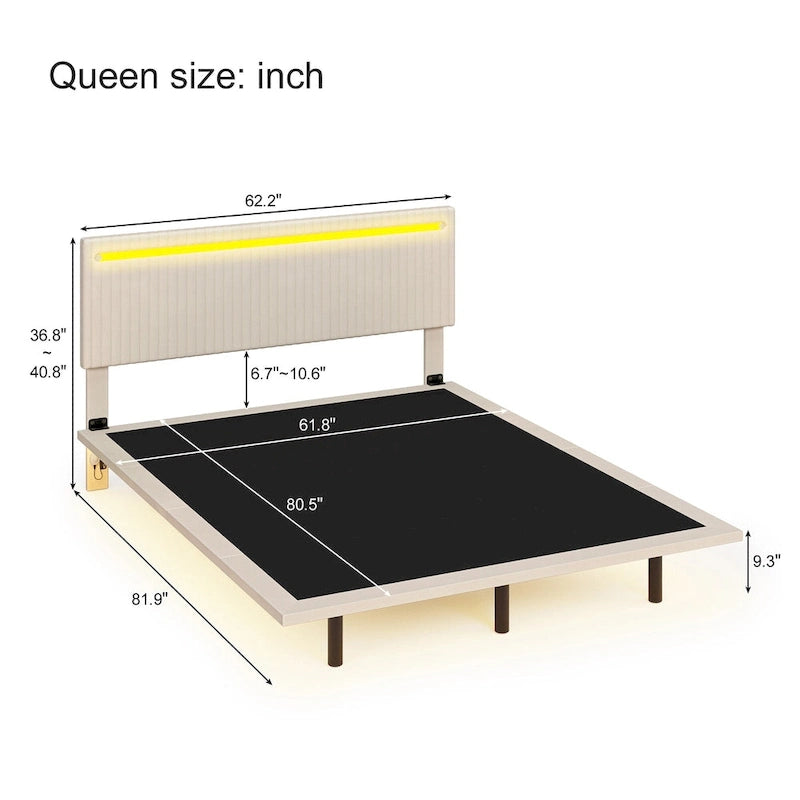 Upholstered Floating Platform Bed Frame with LED Headboard Lights Beige Gray Velvet