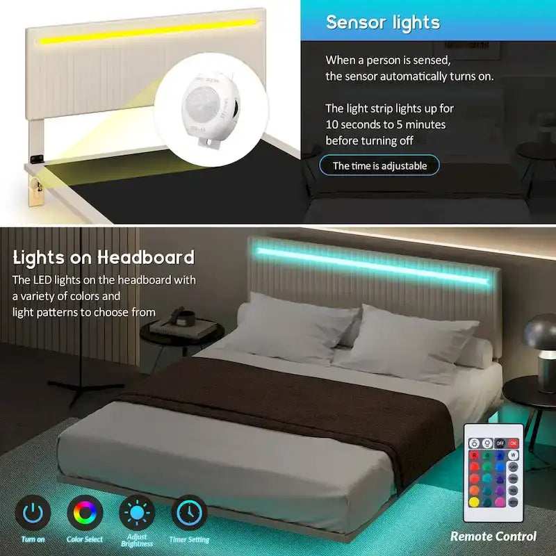 Upholstered Floating Platform Bed Frame with LED Headboard Lights Beige Gray Velvet