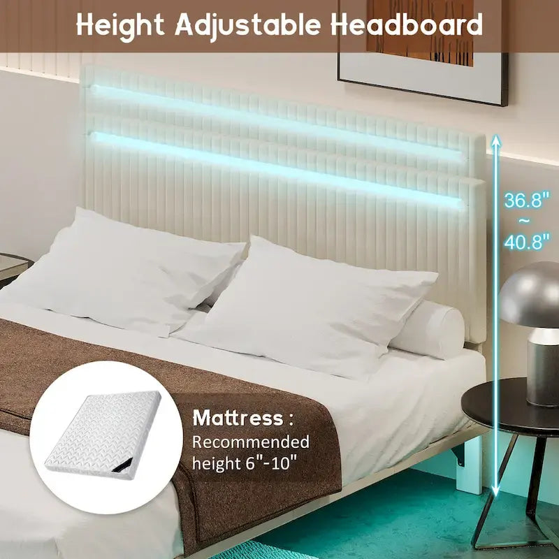 Upholstered Floating Platform Bed Frame with LED Headboard Lights Beige Gray Velvet