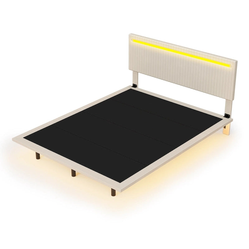 Upholstered Floating Platform Bed Frame with LED Headboard Lights Beige Gray Velvet