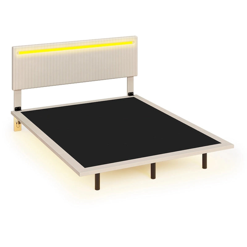 Upholstered Floating Platform Bed Frame with LED Headboard Lights Beige Gray Velvet