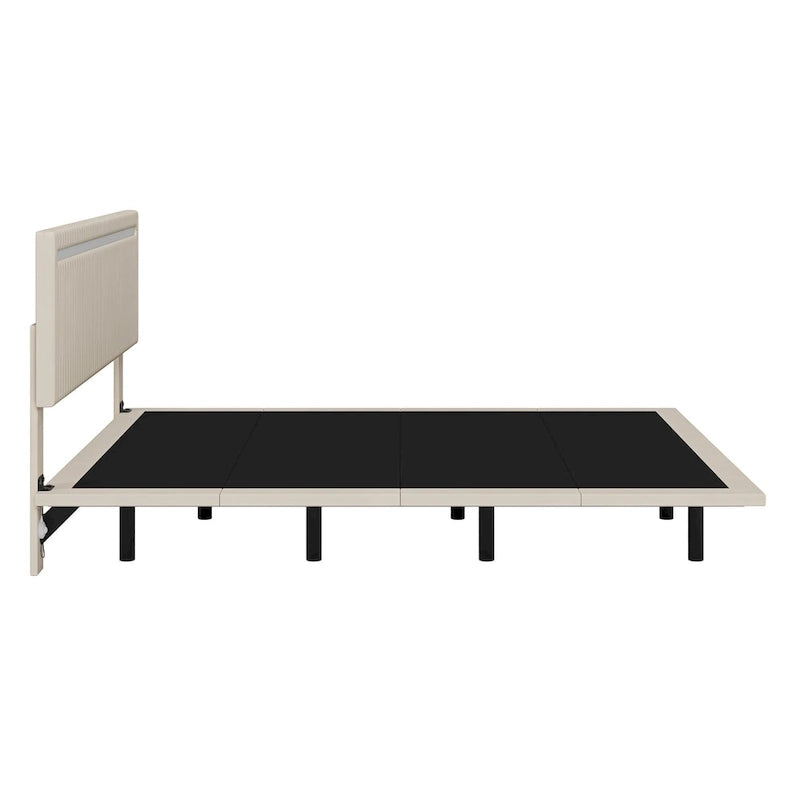 Upholstered Floating Platform Bed Frame with LED Headboard Lights Beige Gray Velvet