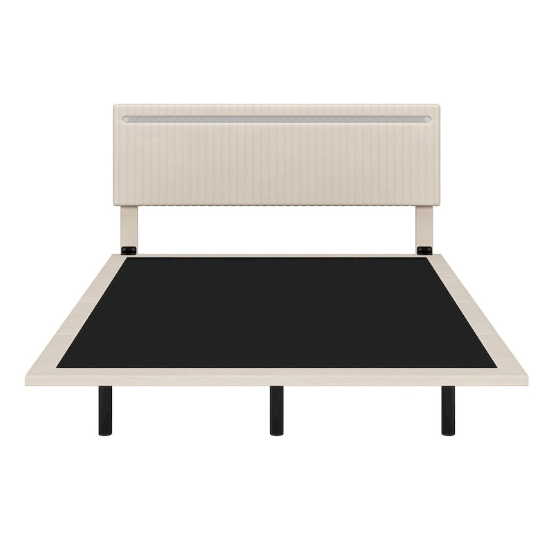 Upholstered Floating Platform Bed Frame with LED Headboard Lights Beige Gray Velvet