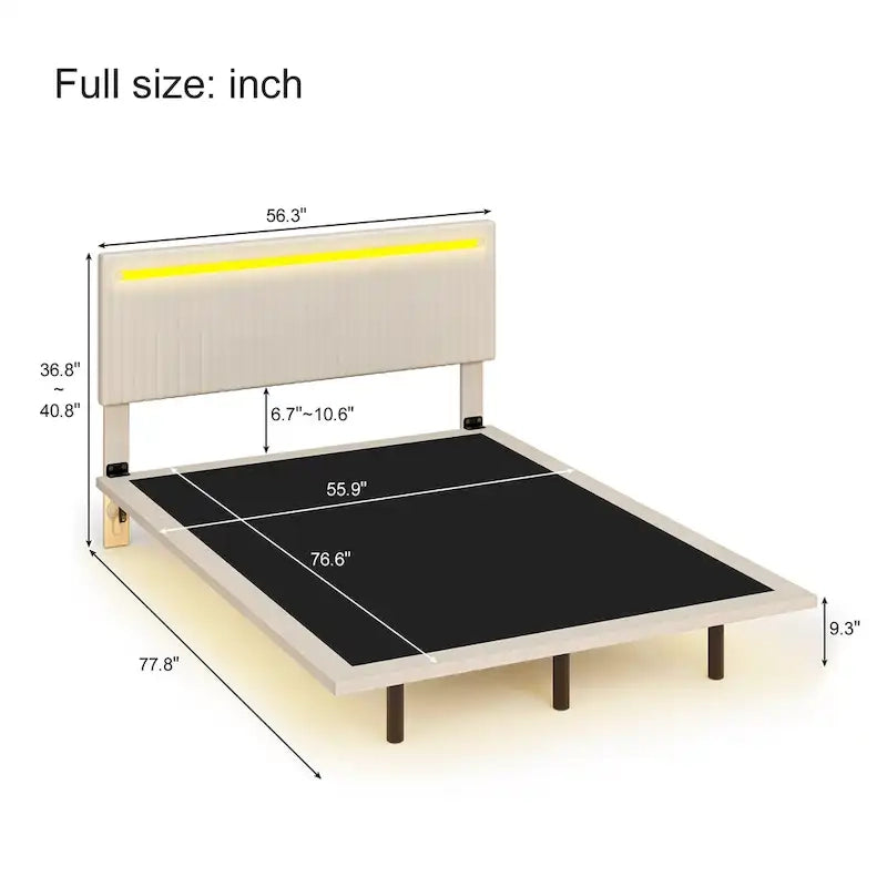 Upholstered Floating Platform Bed Frame with LED Headboard Lights Beige Gray Velvet