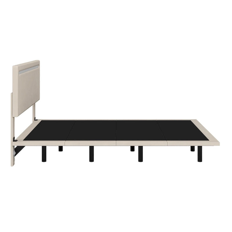 Upholstered Floating Platform Bed Frame with LED Headboard Lights Beige Gray Velvet