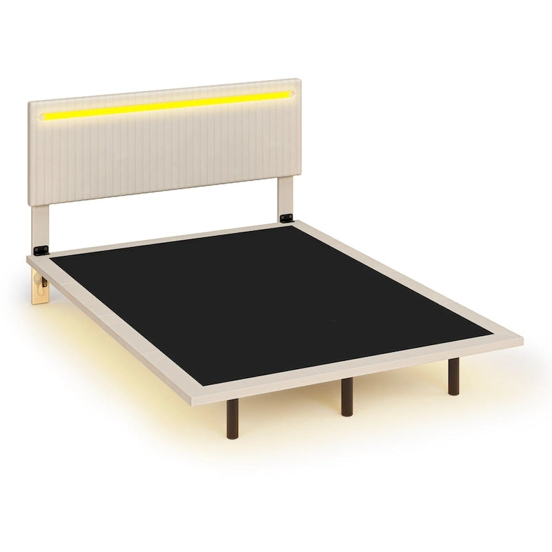 Upholstered Floating Platform Bed Frame with LED Headboard Lights Beige Gray Velvet