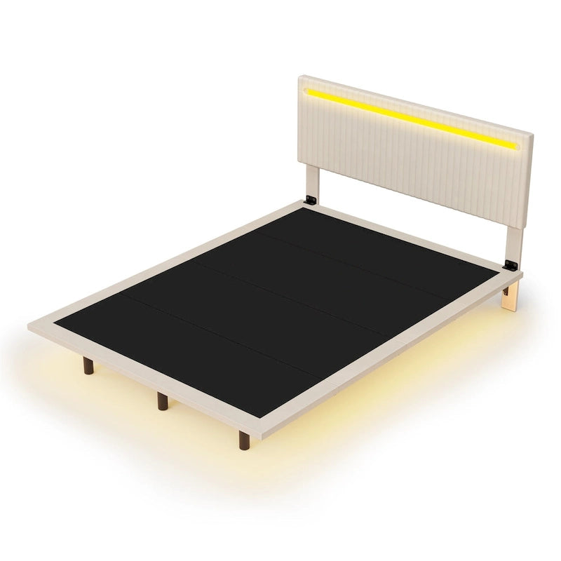 Upholstered Floating Platform Bed Frame with LED Headboard Lights Beige Gray Velvet