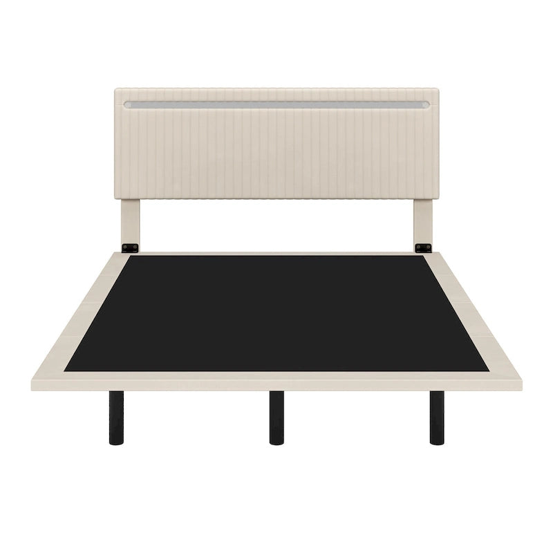 Upholstered Floating Platform Bed Frame with LED Headboard Lights Beige Gray Velvet