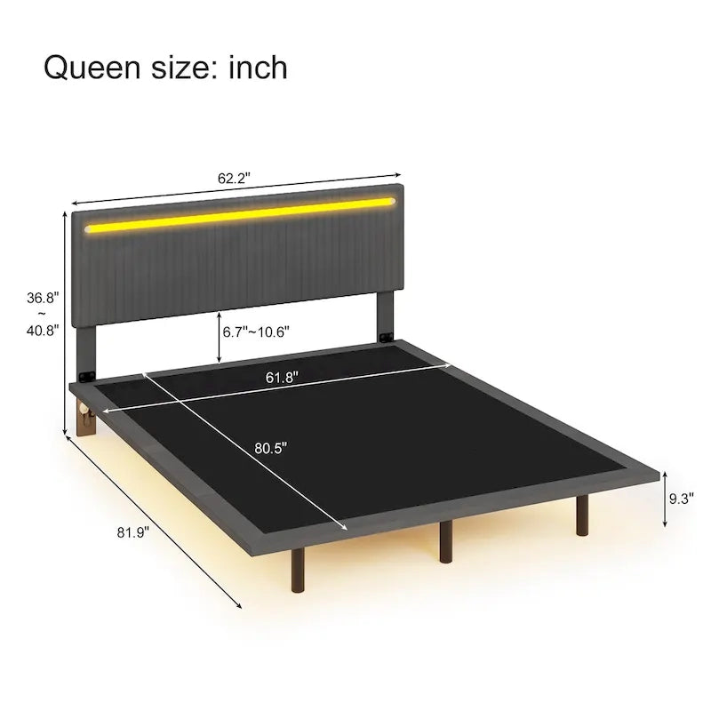 Upholstered Floating Platform Bed Frame with LED Headboard Lights Beige Gray Velvet
