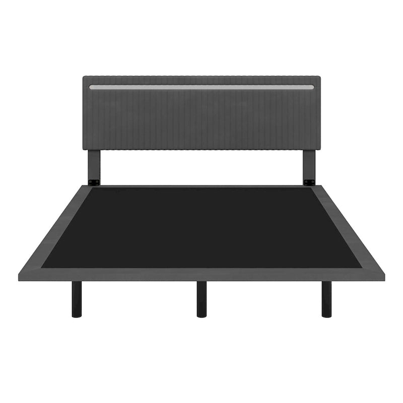 Upholstered Floating Platform Bed Frame with LED Headboard Lights Beige Gray Velvet