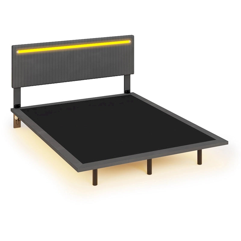 Upholstered Floating Platform Bed Frame with LED Headboard Lights Beige Gray Velvet