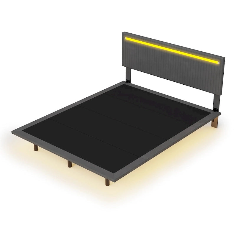 Upholstered Floating Platform Bed Frame with LED Headboard Lights Beige Gray Velvet