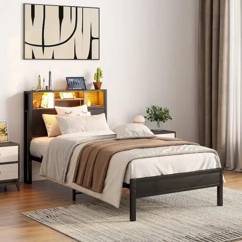 Black Brown Metal Platform Bed Twin with LED Headboard Storage Charging Station