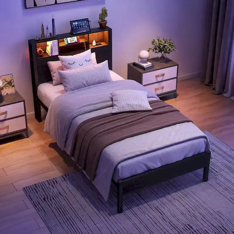 Black Brown Metal Platform Bed Twin with LED Headboard Storage Charging Station