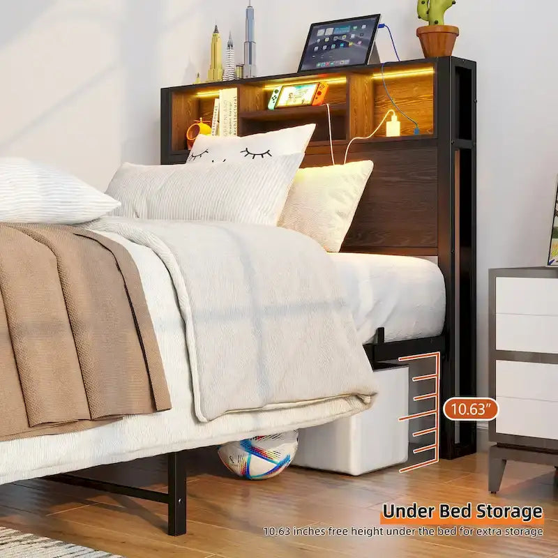 Black Brown Metal Platform Bed Twin with LED Headboard Storage Charging Station