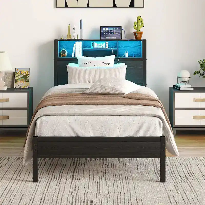 Black Brown Metal Platform Bed Twin with LED Headboard Storage Charging Station