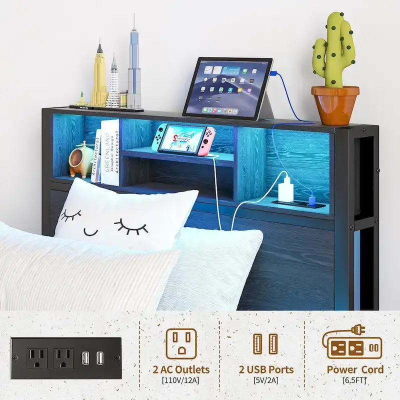 Black Brown Metal Platform Bed Twin with LED Headboard Storage Charging Station