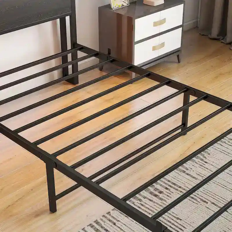 Black Brown Metal Platform Bed Twin with LED Headboard Storage Charging Station