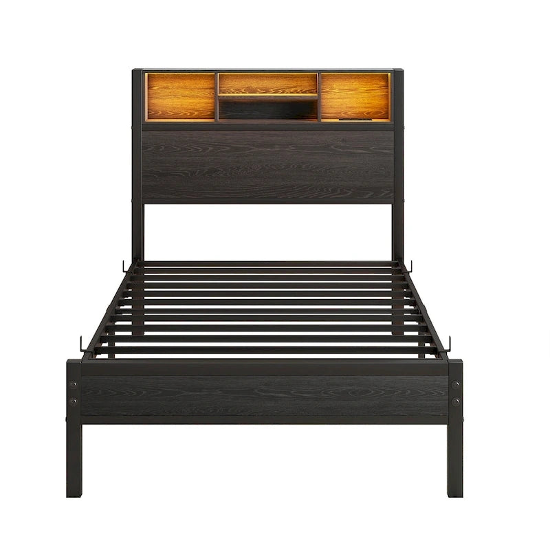 Black Brown Metal Platform Bed Twin with LED Headboard Storage Charging Station