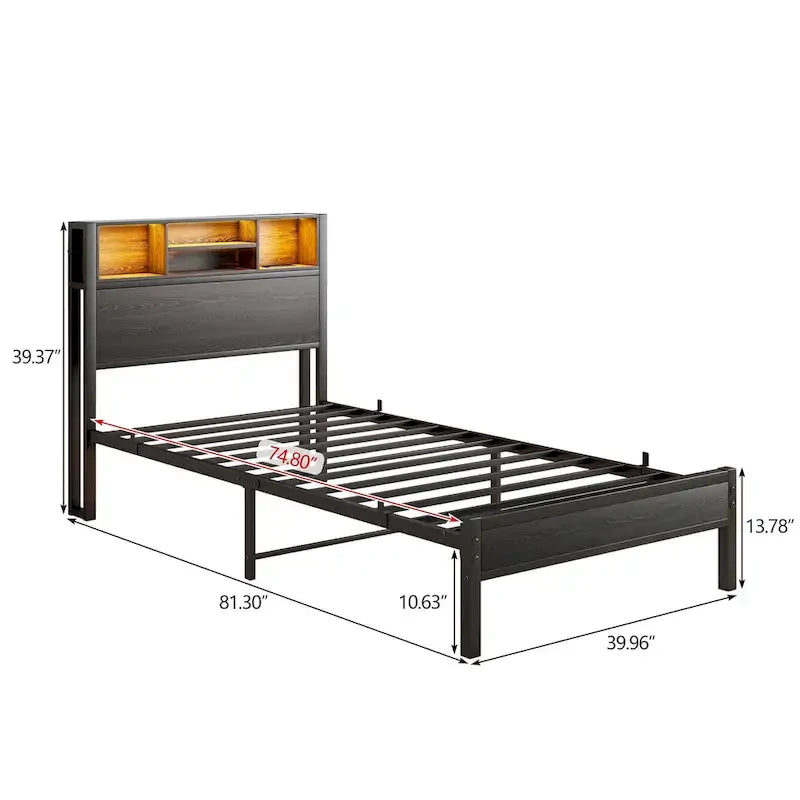 Black Brown Metal Platform Bed Twin with LED Headboard Storage Charging Station