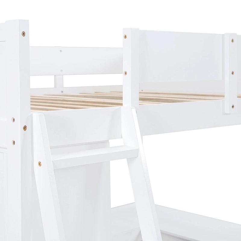 White Solid Wood Full Size Loft Bed with Desk Shelves Guardrail Ladder