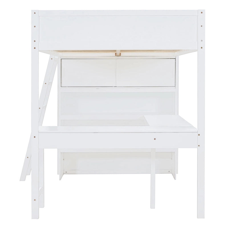 White Solid Wood Full Size Loft Bed with Desk Shelves Guardrail Ladder