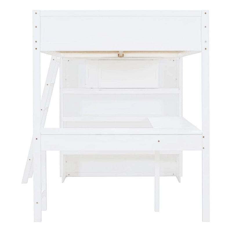 White Solid Wood Full Size Loft Bed with Desk Shelves Guardrail Ladder
