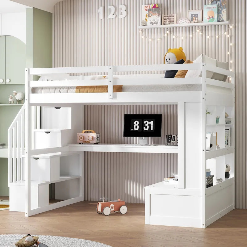 White Full Size Loft Bed with Desk Shelves Storage Staircase and Drawers