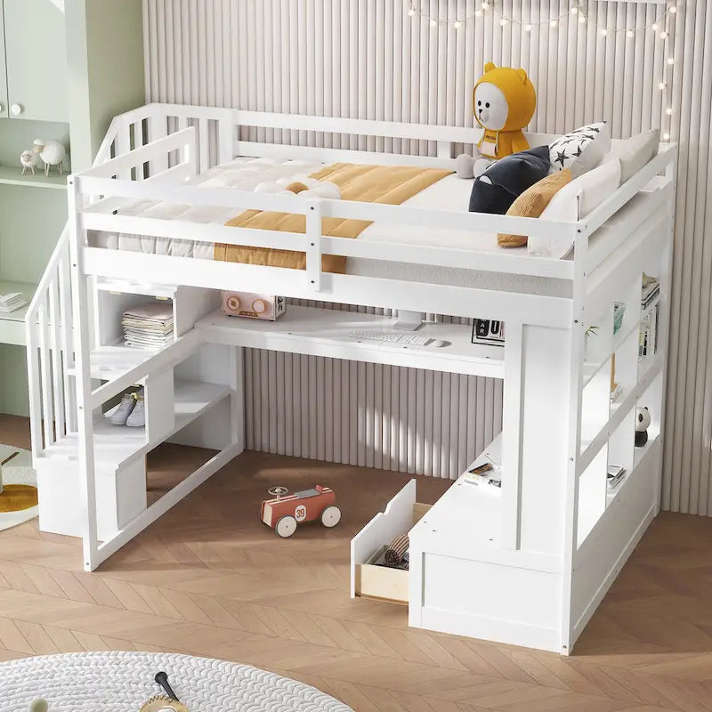 White Full Size Loft Bed with Desk Shelves Storage Staircase and Drawers