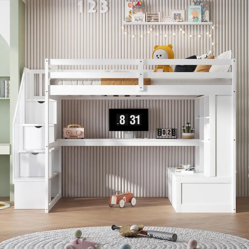White Full Size Loft Bed with Desk Shelves Storage Staircase and Drawers