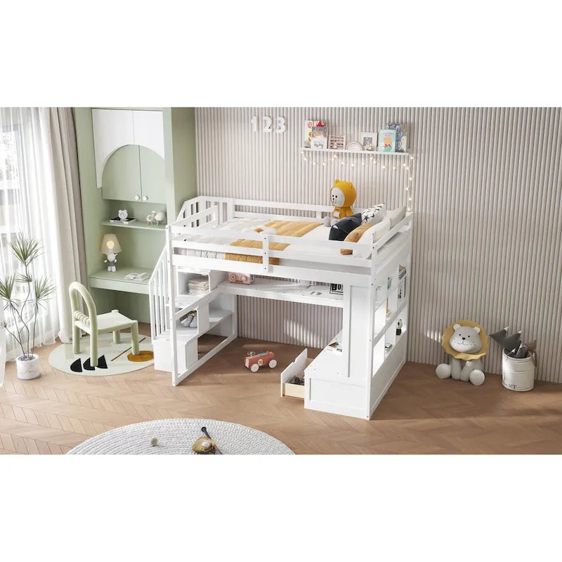 White Full Size Loft Bed with Desk Shelves Storage Staircase and Drawers