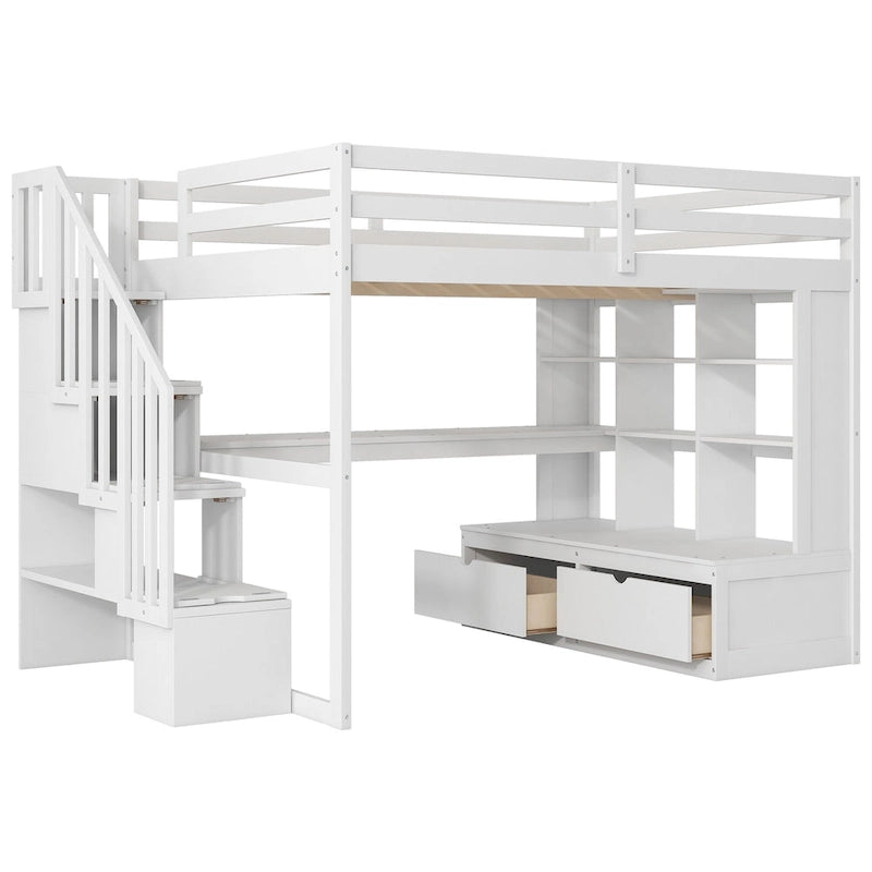 White Full Size Loft Bed with Desk Shelves Storage Staircase and Drawers