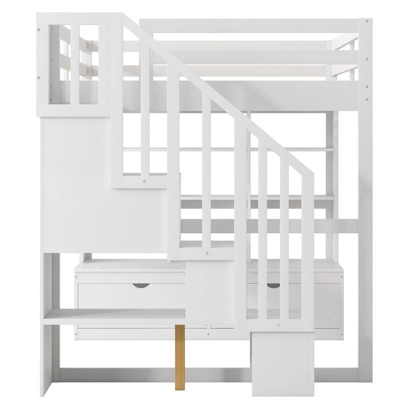 White Full Size Loft Bed with Desk Shelves Storage Staircase and Drawers