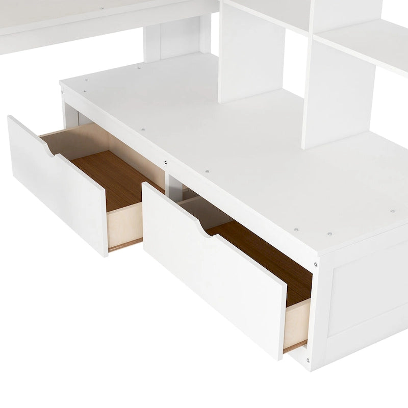 White Full Size Loft Bed with Desk Shelves Storage Staircase and Drawers
