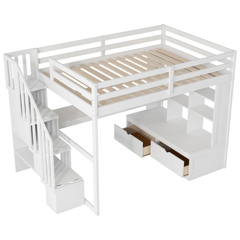 White Full Size Loft Bed with Desk Shelves Storage Staircase and Drawers