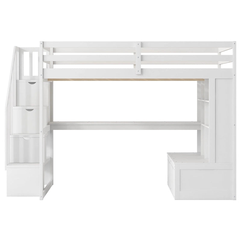 White Full Size Loft Bed with Desk Shelves Storage Staircase and Drawers