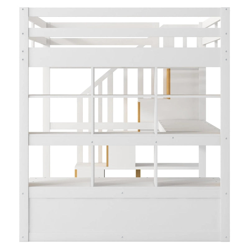 White Full Size Loft Bed with Desk Shelves Storage Staircase and Drawers