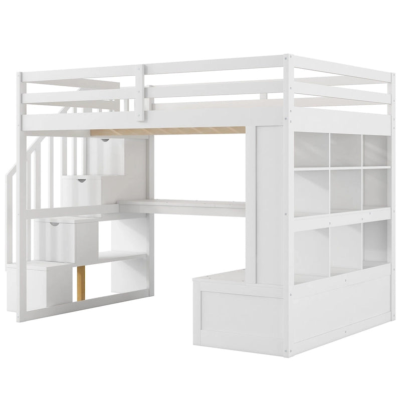 White Full Size Loft Bed with Desk Shelves Storage Staircase and Drawers