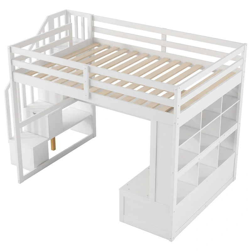 White Full Size Loft Bed with Desk Shelves Storage Staircase and Drawers